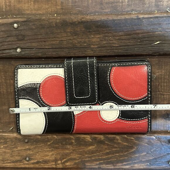 Vintage Fossil Wallet Genuine Leather red black white Patchwork Circles - Picture 6 of 7